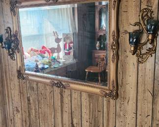 Lots of vintage "home interior" items. Pictured are heavy mirror and 2 sconces