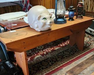 Vintage handmade bench, lanterns