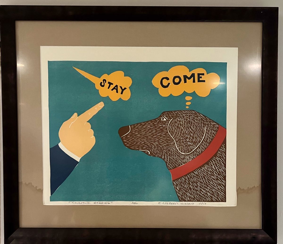  “Selective Hearing” Woodcut Print by Stephen Huneck, signed and numbered 
