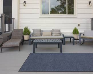 Pottery Barn Outdoor Patio Set: Sofa, End Table, Coffee Table, Rocker, Square Umbrella Table.
Rocker has paint peeling on bottom rockers.