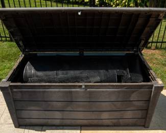 120 gallon Keter Outdoor storage box interior measures 23.3"D x 53.5"W x 21.5"H and exterior measures 27.5"D x 57"W x 23.7"H, 