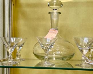 Ships decanter, set of five Bel Air crystal bubble stem glasses