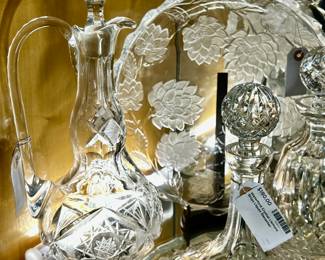Large cut crystal decanter with handle, Waterford crystal Lismore ships decanter, Waterford crystal Lismore decanter with multi cut stopper
