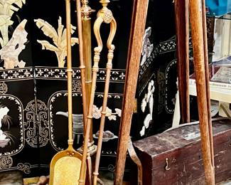 Large fireplace tool set, antique buff & buff transit with tripod