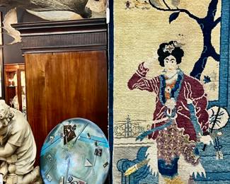 Vintage Yue Nu rug,  Signed & dated 1983 ‘Squares in Progress’ art by Mark Russell Jr. 