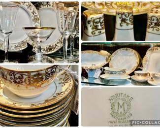 Noritake ‘Christmas Ball’ China 75 piece set, vintage gold rim stemware