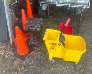 Mop bucket and caution cones