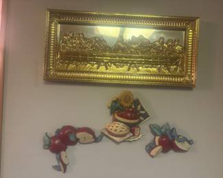 The Lords Supper mirror w gold frame, vintage apple decor