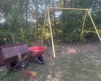 Wagon for lawn mower, wheelbarrow and swing set frame. There’s a building w stuff you can dig through if you want to pull it out, Phillip will price it. Free scrap metal available too