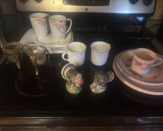 Corelle ware, turkey salt and pepper shakers, etc