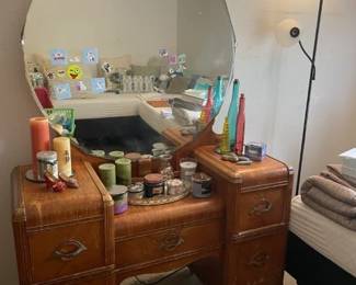 Retro dresser w/ round mirror. (Stickers will come off with 'elbow grease') - good condition. Candles (new & used) - all priced 'as is'. Floor lamp