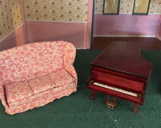 Doll house sofa, grand piano