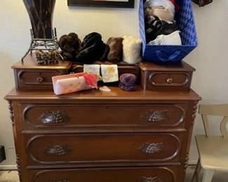 40's chest - better pic; lamp, Mink Collars, fuzzy hats, misc