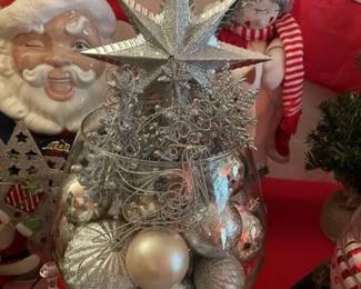 Holiday ornaments in Glass decorative dish. White & Silver. Sold as one unit only.