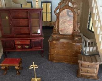 Doll house buffet, Dresser, chest, foot stool, fireplace utensils stand