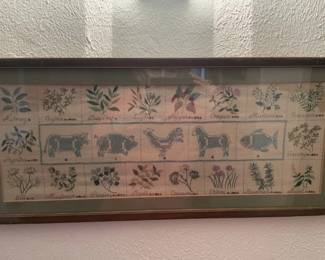 Beautiful embroidery spice chart. Very old. Some staining in upper left (Nutmeg) & right (Tarragon) hand corners.