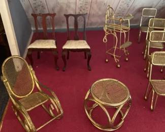 Doll house dining chairs, rocker, table