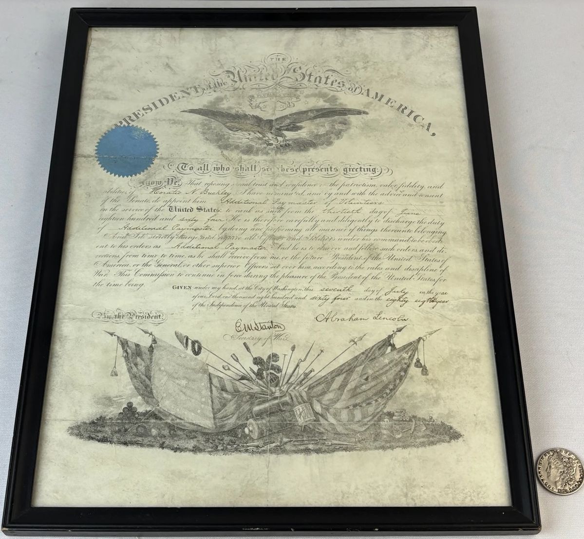 Abraham Lincoln Document Signed as President, Appointing an Additional Paymaster of Volunteers June 13, 1864 FRAMED