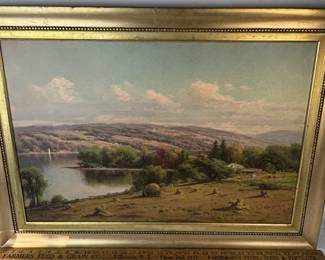 William Bruce (American, b.1861, d.1911) Pastoral Landscape Overlooking Owasco Lake Oil on Canvas Painting c. 1890 FRAMED