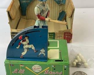 Vintage 1950's Japan Sankei Champion All Stars Mr. Baseball Jr. (#7 Mickey Mantle) Tin Litho Battery Operated Automatic Batting Machine w/ Box
