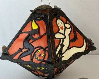 Antique 1920's German Halloween 10 Panel Collapsible Die-Cut Paper Lantern (Goblin, Witch, Black Cat, JOL, Ghost, Etc.)