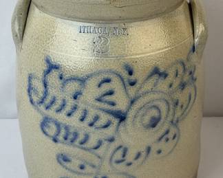 Antique c. 1870 Ithaca, N.Y. 2 Gallon Stoneware Cylindrical Crock / Churn with Stylized Blue Flower