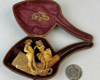 Antique William Demuth Company Couple Smoking A Pipe Hand Carved Meerschaum Pipe w/ Leather Case