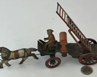 Antique c. 1910 Converse Tin Litho Horse Drawn Ladder Fire Wagon w/ Firefighter Driver