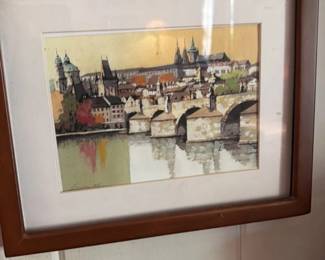 Framed Watercolor Painting of a European Cityscape