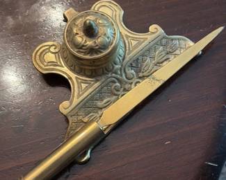 Antique Brass Letter Opener Set with Inkwell