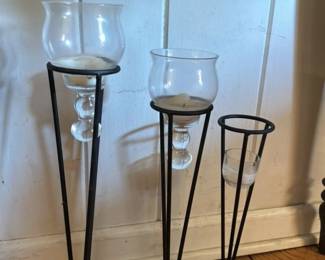 Set of 3 Glass and Metal Candlesticks