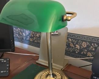 Vintage Brass Bankers Lamp with Green Glass Shade