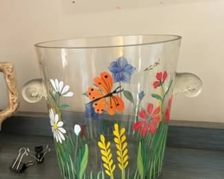 Handpainted Glass Ice Bucket with Floral and Butterfly Motifs