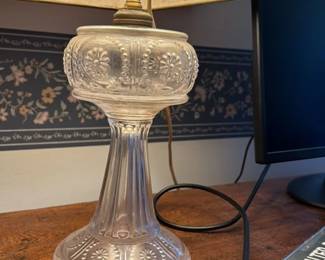 Victorian Pressed Glass Oil Lamp with Enameled Shade