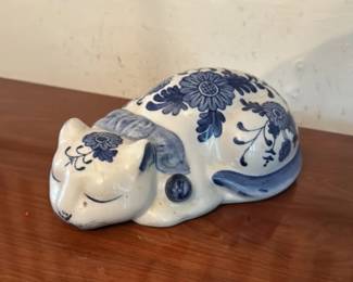 Blue and White Delftware Style Ceramic Cat Figurine