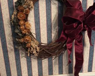 Grapevine Wreath with Burgundy Velvet Bow and Dried Botanicals