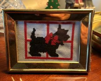 Framed Cross-Stitch of a Black Scottish Terrier