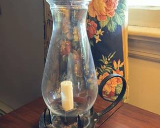 Vintage Glass Hurricane Lamp with Wrought Iron Sconce
