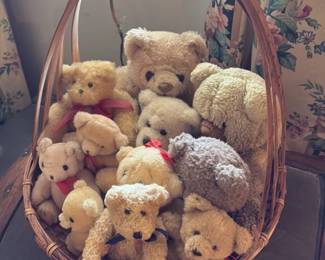 Collection of Vintage Teddy Bears in Wicker Basket
