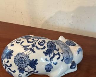 Blue and White Delftware Style Ceramic Cat Figurine