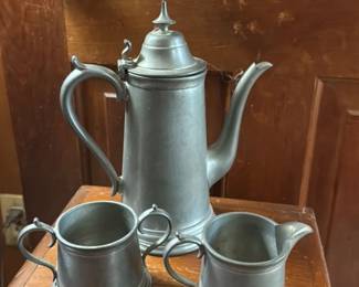 English Pewter Coffee Pot with Two Mugs