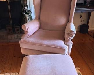 Pink Velvet Wingback Armchair and Ottoman