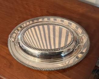 Silver Plated Oval Serving Tray with Rope Edge and Handles