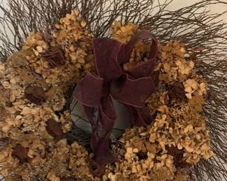 rustic dried hydrangea and twig wreath with burgundy ribbon