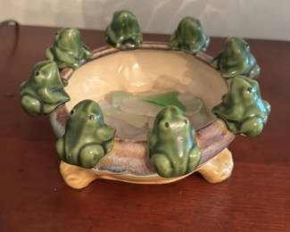 Ceramic Bowl with Frog Embellishments and Sea Glass