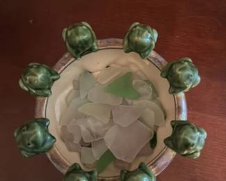 Ceramic Bowl with Frog Embellishments and Sea Glass