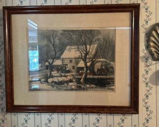Currier & Ives "The Old Mill- Winter" Lithograph