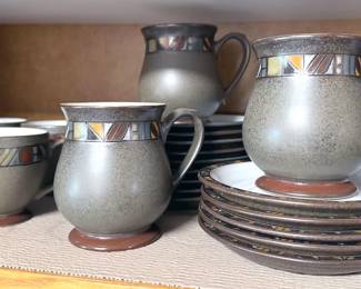 Denby Marrakesh dishware including platter, divided serving bowl, dinner + salad plates, bowls, cups + saucers, mugs 