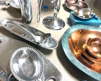 Nambe decor, including wooden salad bowl + servers, trivets, ladle, cookware + French press; many items new in box