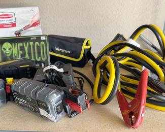 Automotive: assorted tire inflators, car jacks, jumper cables, Bridgestone car kit